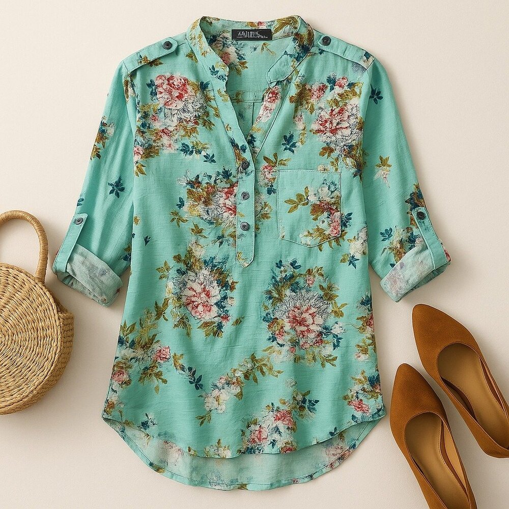 Zanzea Womens XL Aqua Blue Floral Blouse‎ V-Neck Long Sleeve Button Front Top